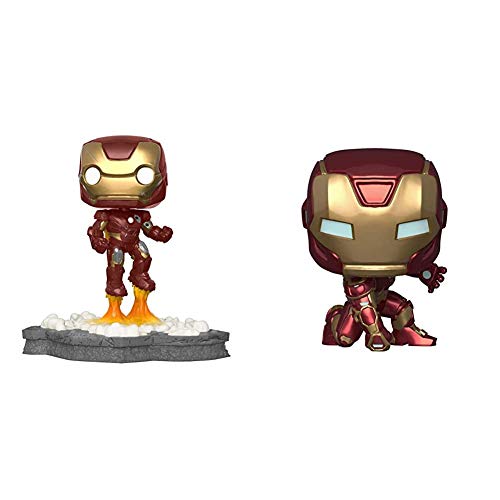 Funko Pop! Deluxe, Marvel: Avengers Assemble Series - Iron Man, Amazon Exclusive, Figure 1 of 6 & Pop! Marvel: Avengers Game - Iron Man (Stark Tech Suit), Multicolor