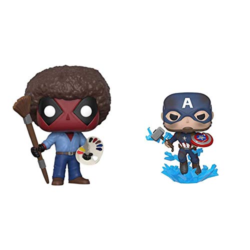Funko POP! Marvel: Deadpool Playtime- Bob Ross & Pop! Marvel: Avengers Endgame - Captain America with Broken Shield & Mjoinir,Multicolor,3.75 inches